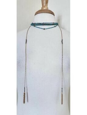 NWT Gemma Simone Turquoise Gold Beaded Choker Long Tassel Necklace Multi-Strand